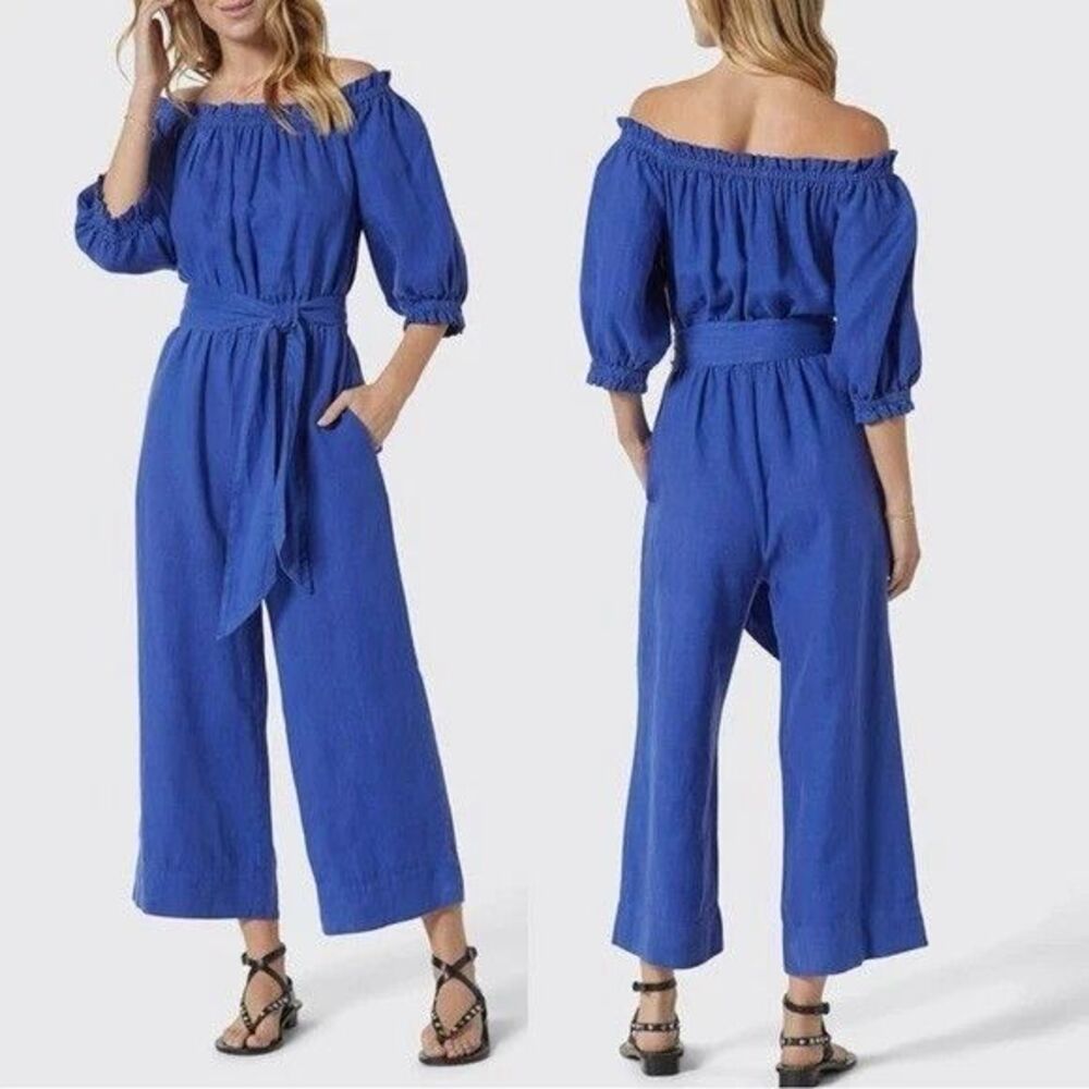 NWT $298 Joie Womens Josepha Jumpsuit Blue XS Linen Off Shoulder crop wide leg